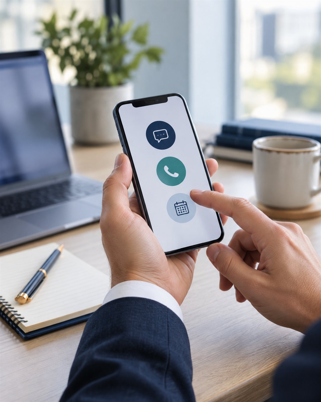 Business professional using a phone to call, message or schedule a consultation